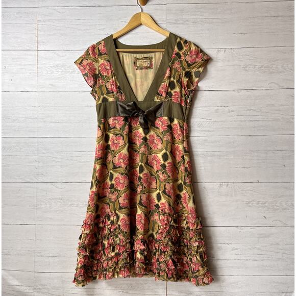 Free People Dress Womens Size 4 Olive Green & Pink The Originals Jacquard  Mini